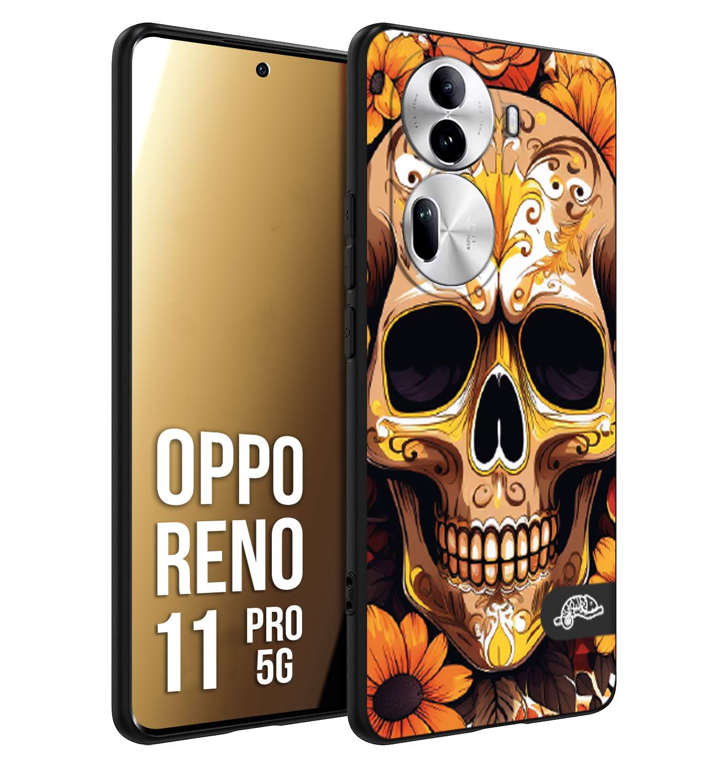 CUSTOMIZZA - Custodia cover nera morbida in tpu compatibile per Oppo Reno 11 PRO 5G teschio messicano colorato dorato fiori tattoo disegnato