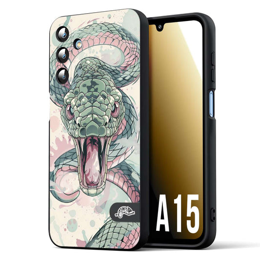 CUSTOMIZZA - Custodia cover nera morbida in tpu compatibile per Samsung A15 5G snake pink green serpente tatuaggio tattoo disegnato a mano