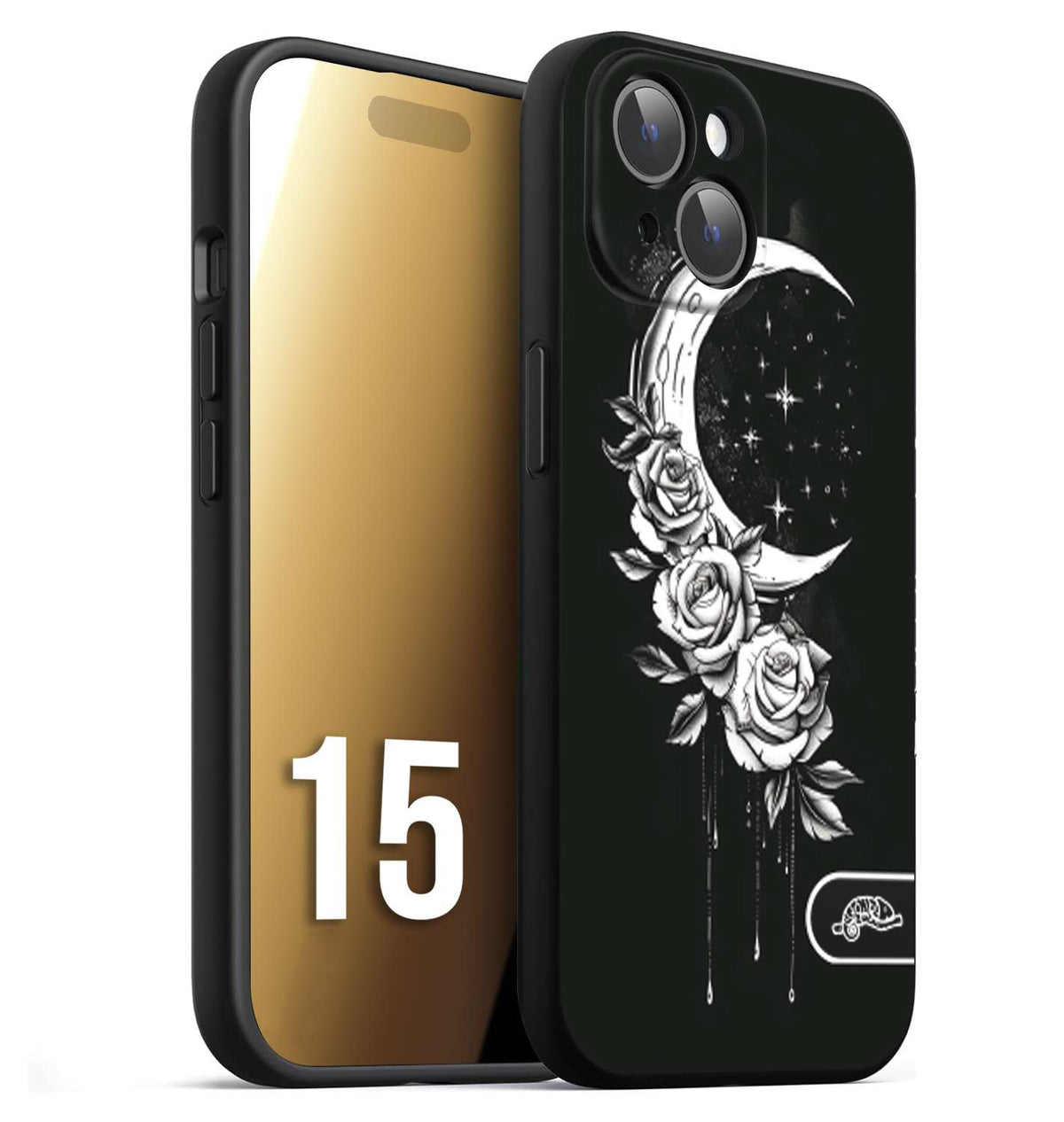 CUSTOMIZZA - Custodia cover nera morbida in tpu compatibile per iPhone 15 luna e fiori moon flowers black and white bianco a rilievo disegnato