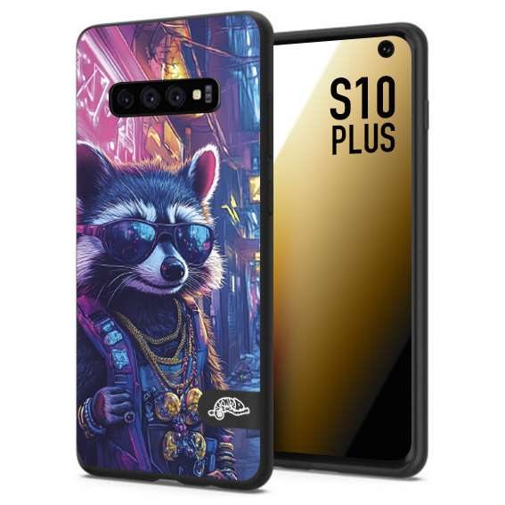 CUSTOMIZZA - Custodia cover nera morbida in tpu compatibile per Samsung S10 PLUS animali simpatici cyberpunk procione racoon street cat fucsia blu giallo