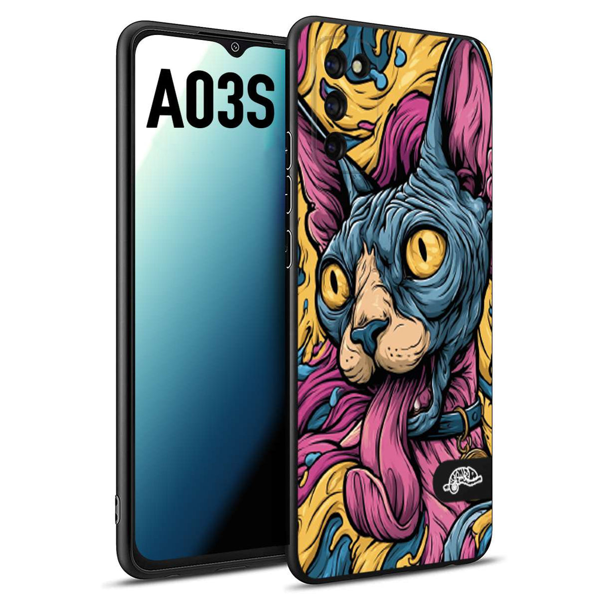CUSTOMIZZA - Custodia cover nera morbida in tpu compatibile per Samsung A03S Sphynx Colorato Pop Art Psichedelico Gatto Blu Rosa Giallo Artistica Fantasy