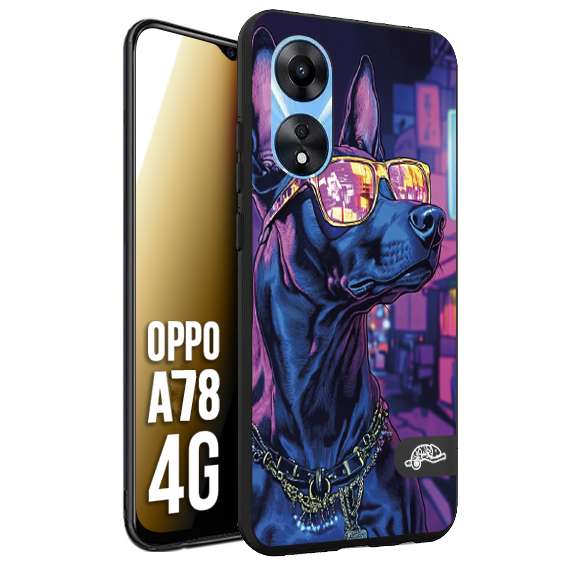 CUSTOMIZZA - Custodia cover nera morbida in tpu compatibile per Oppo A78 4G animali cyberpunk dobermann cane street dog fucsia blu night