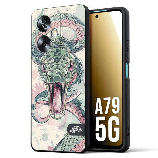 CUSTOMIZZA - Custodia cover nera morbida in tpu compatibile per Oppo A79 5G snake pink green serpente tatuaggio tattoo disegnato a mano