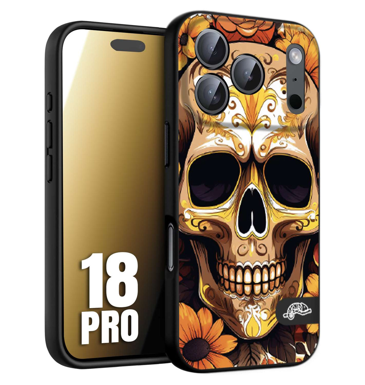 CUSTOMIZZA - Custodia cover nera morbida in tpu compatibile per iPhone 18 PRO teschio messicano colorato dorato fiori tattoo disegnato