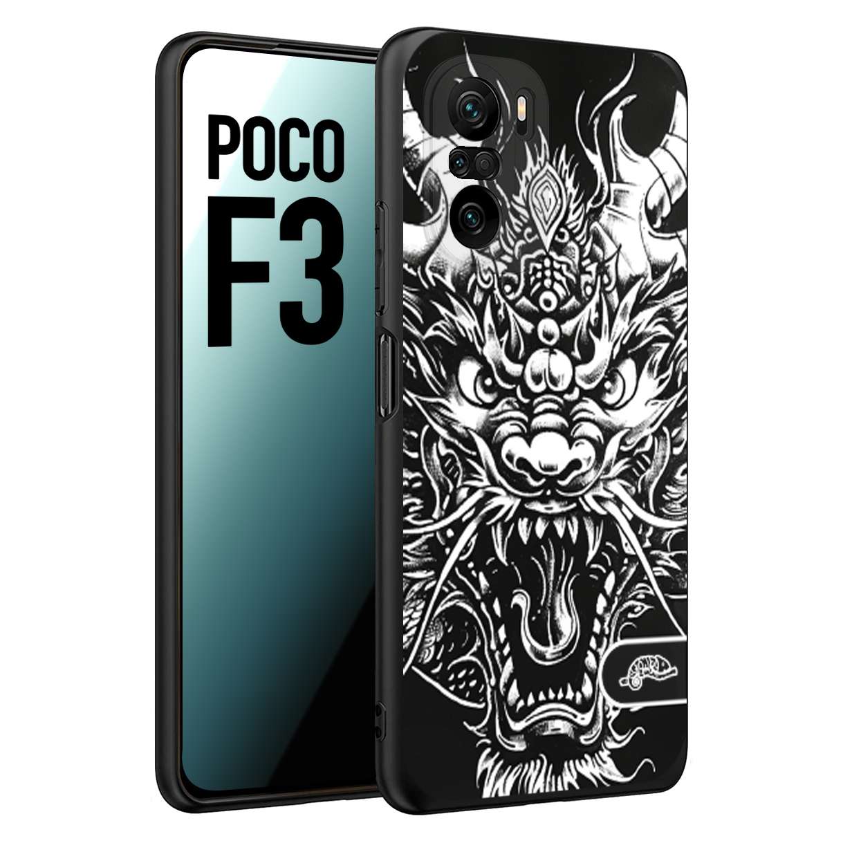CUSTOMIZZA - Custodia cover nera morbida in tpu compatibile per Xiaomi Poco F3 drago black and white bianco a rilievo disegnato tattoo tatuaggio
