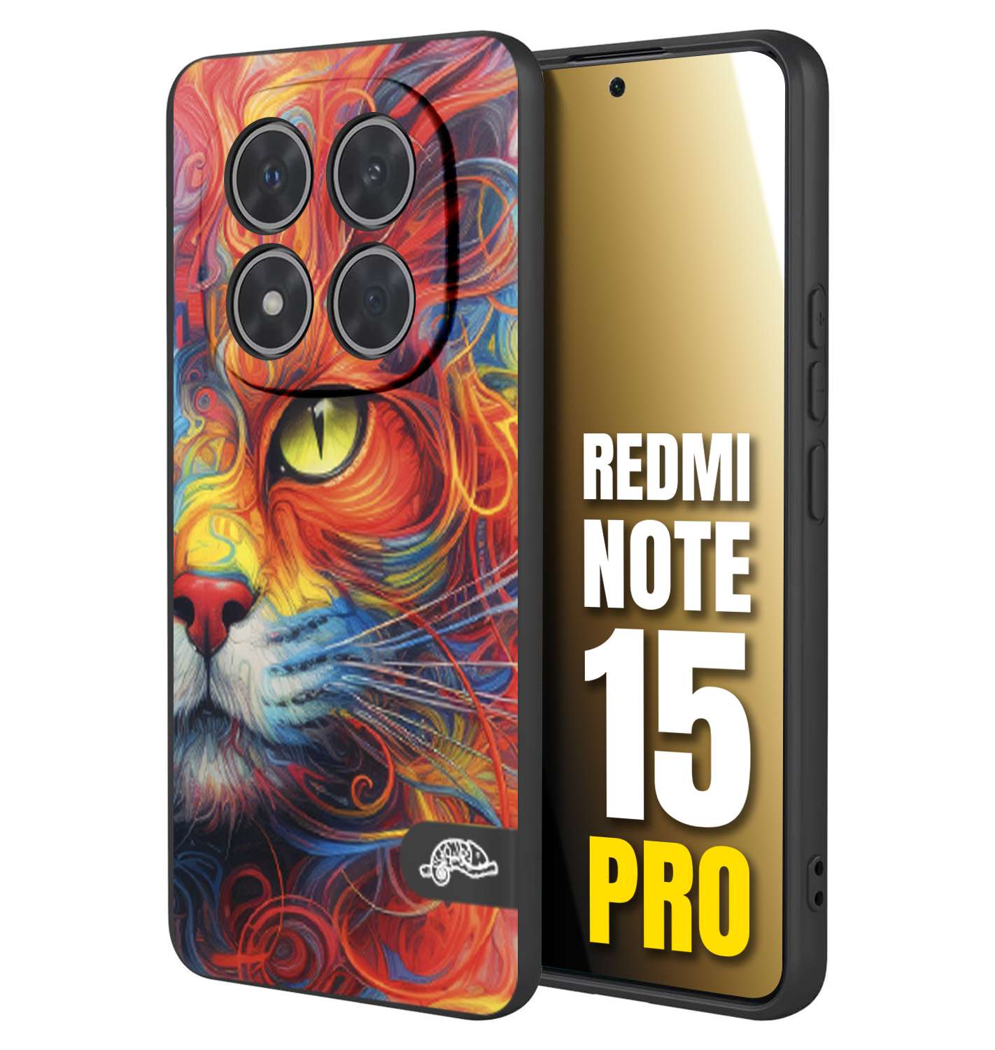 CUSTOMIZZA - Custodia cover nera morbida in tpu compatibile per Xiaomi Redmi Note 15 PRO animali color cat gatto viso colori vibranti disegnato schizzo
