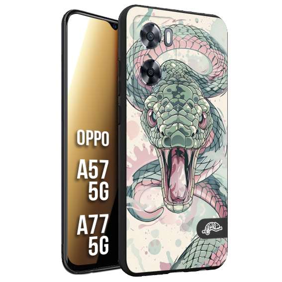 CUSTOMIZZA - Custodia cover nera morbida in tpu compatibile per Oppo A57 5G - A77 5G snake pink green serpente tatuaggio tattoo disegnato a mano