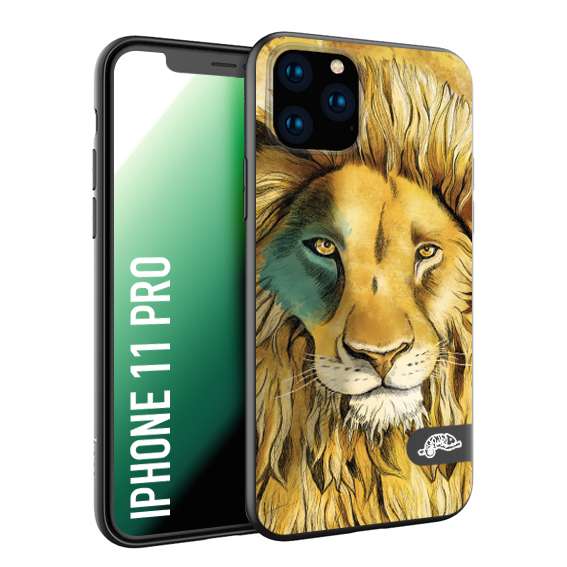 CUSTOMIZZA - Custodia cover nera morbida in tpu compatibile per iPhone 11 PRO leone lion disegnato a mano giallo blu a rilievo artistico brown