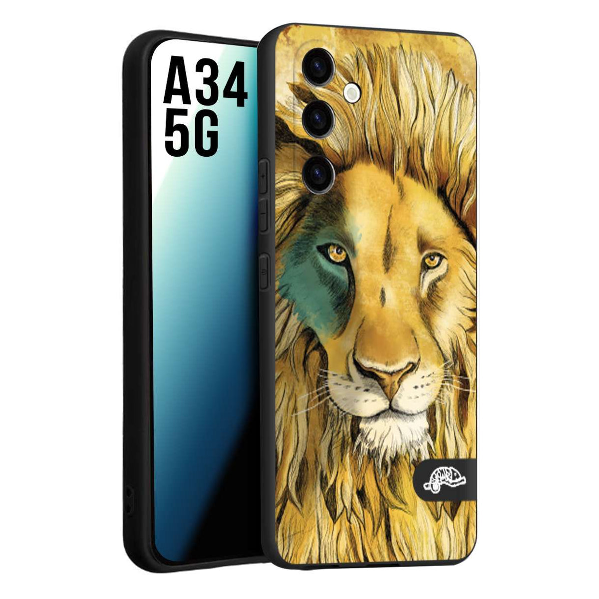 CUSTOMIZZA - Custodia cover nera morbida in tpu compatibile per Samsung A34 5G leone lion disegnato a mano giallo blu a rilievo artistico brown