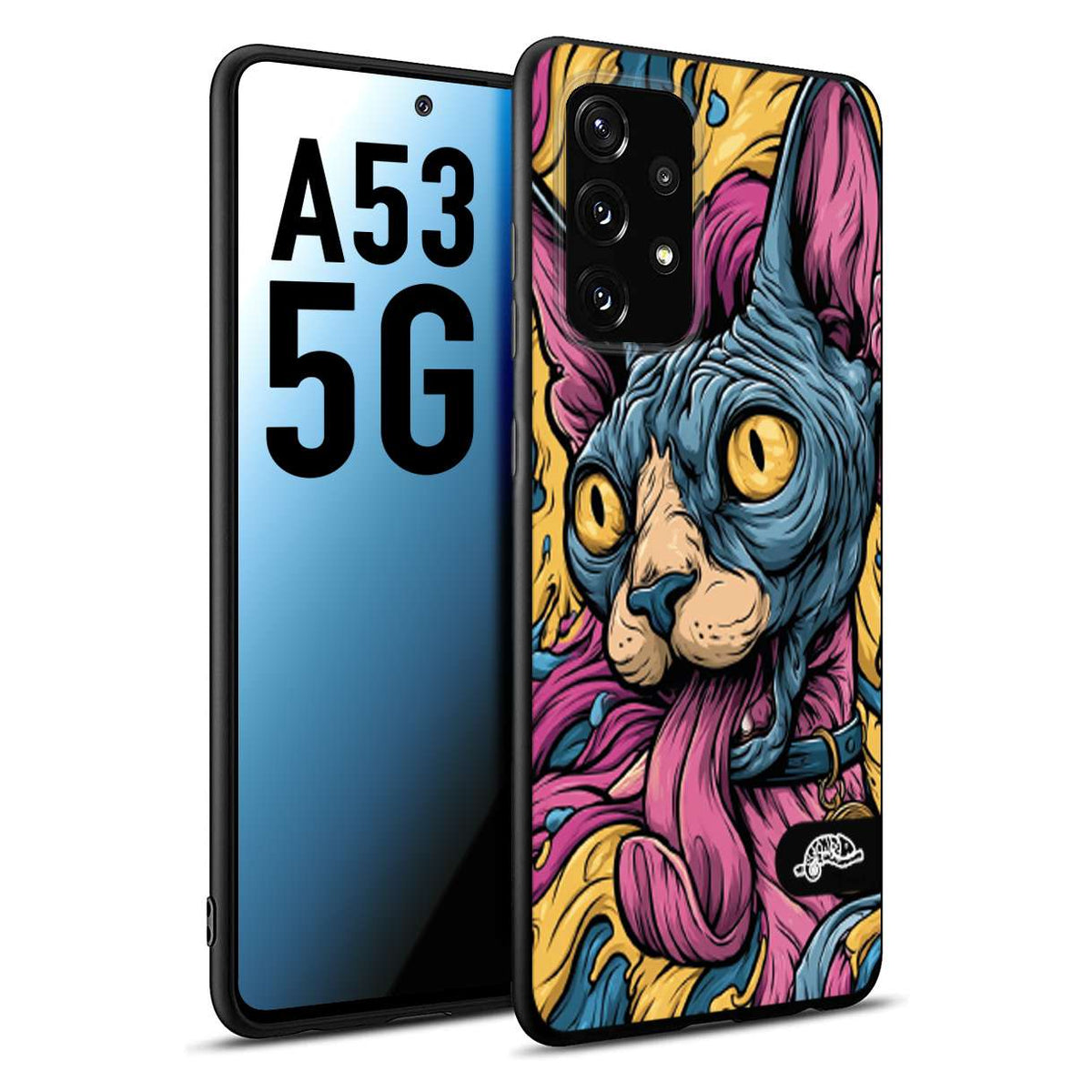 CUSTOMIZZA - Custodia cover nera morbida in tpu compatibile per Samsung A53 5G Sphynx Colorato Pop Art Psichedelico Gatto Blu Rosa Giallo Artistica Fantasy