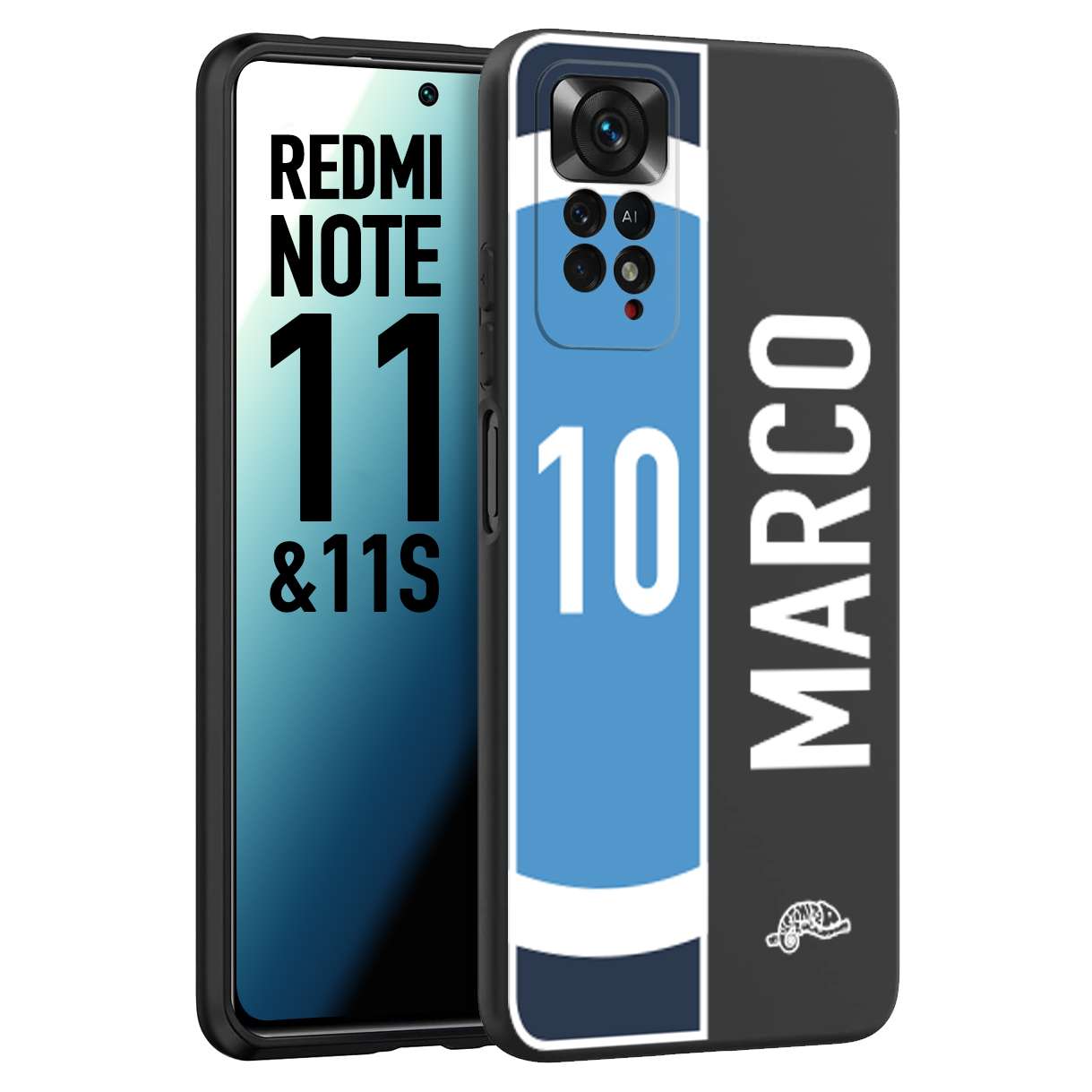 CUSTOMIZZA - Custodia cover nera morbida in tpu compatibile per Xiaomi Redmi Note 11 - Note 11S personalizzata calcio football nome e numero calciatori biancoazzurri bianco celesti