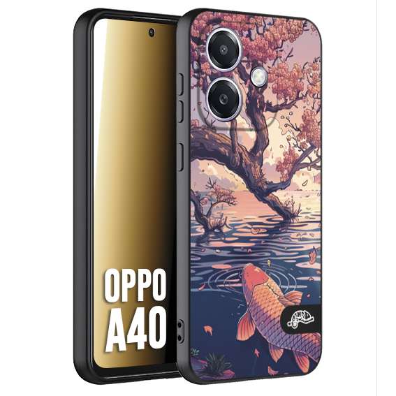 CUSTOMIZZA - Custodia cover nera morbida in tpu compatibile per Oppo A40 giapponese lago carpa koi rosa con foglie d'acero disegnata tattoo
