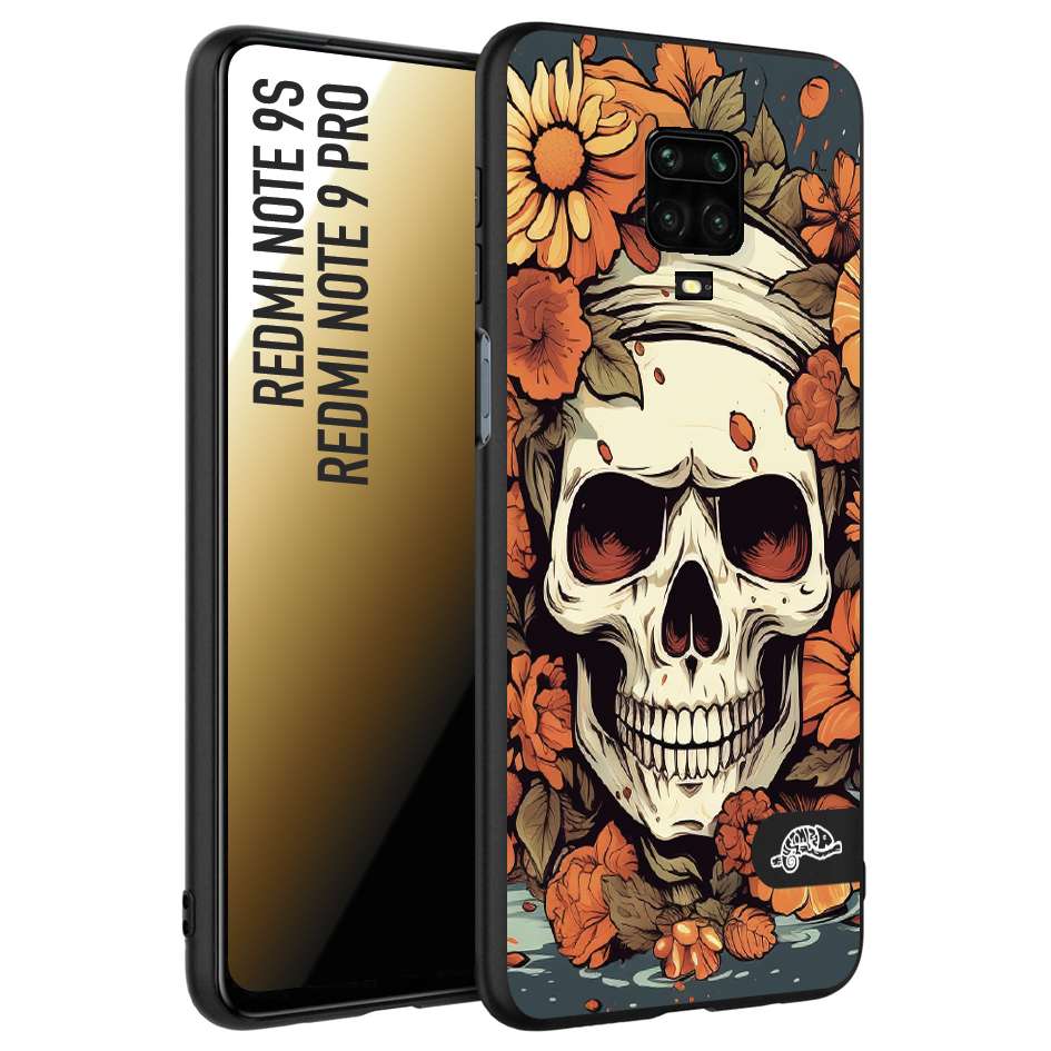 CUSTOMIZZA - Custodia cover nera morbida in tpu compatibile per Xiaomi Redmi Note 9S - Note 9 PRO teschio skull flowers fiori tattoo disegnato alta definizione