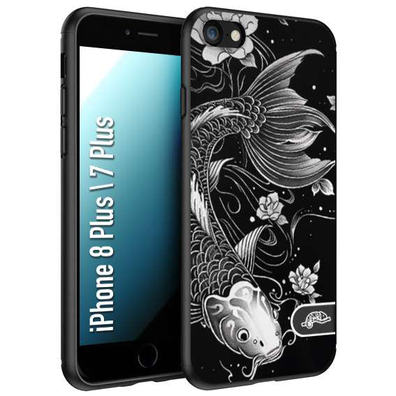 CUSTOMIZZA - Custodia cover nera morbida in tpu compatibile per iPhone 7 Plus - 8 plus carpa koi black and white bianco a rilievo disegnato tattoo tatuaggio