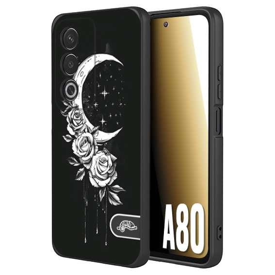 CUSTOMIZZA - Custodia cover nera morbida in tpu compatibile per Oppo A80 luna e fiori moon flowers black and white bianco a rilievo disegnato