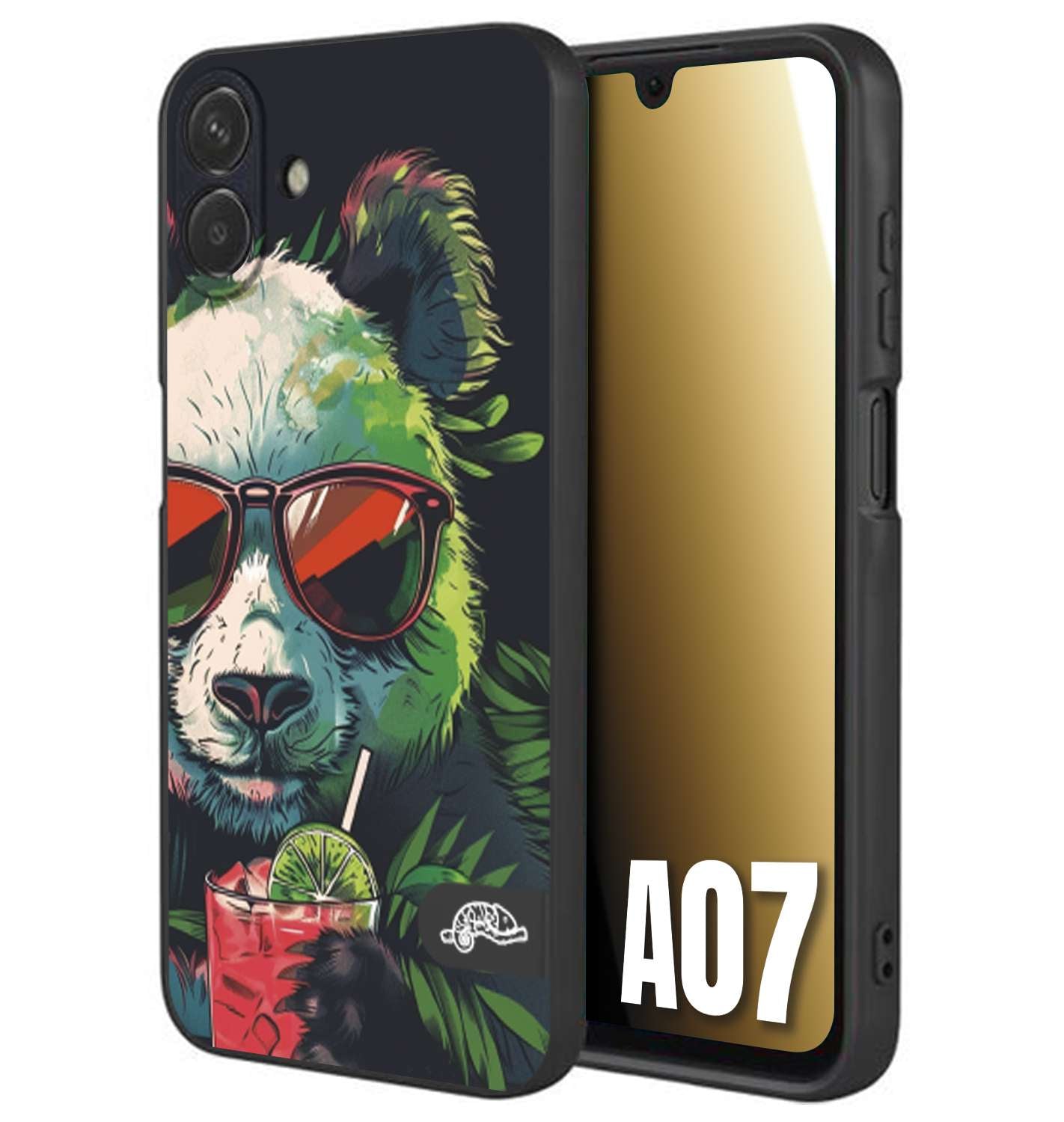 CUSTOMIZZA - Custodia cover nera morbida in tpu compatibile per Samsung A07 estate disegnata cocktails animali simpatici panda mojito