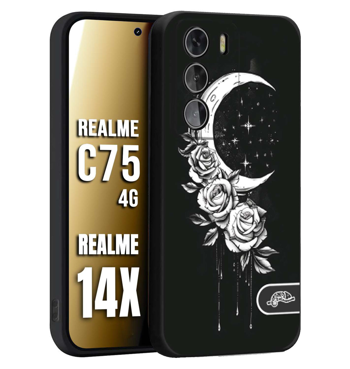 CUSTOMIZZA - Custodia cover nera morbida in tpu compatibile per Realme 14X - C75 4G luna e fiori moon flowers black and white bianco a rilievo disegnato