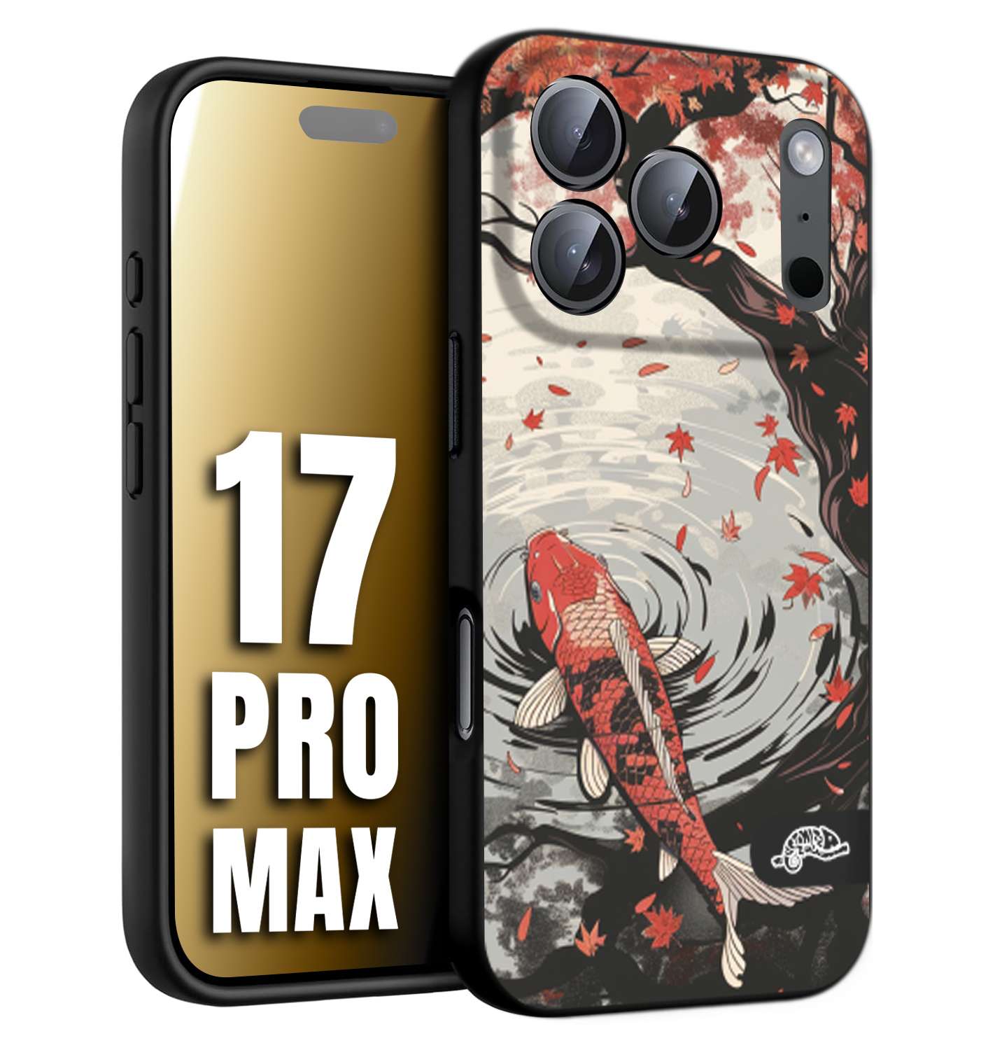 CUSTOMIZZA - Custodia cover nera morbida in tpu compatibile per iPhone 17 PRO MAX giapponese lago carpa koi rossa con foglie d'acero rosso disegnata tattoo