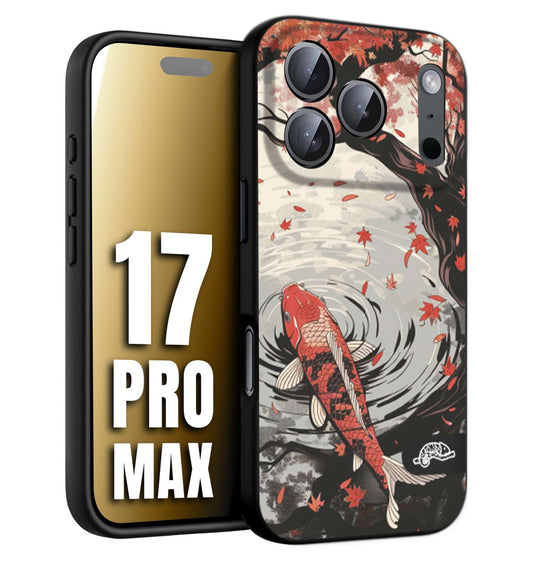 CUSTOMIZZA - Custodia cover nera morbida in tpu compatibile per iPhone 17 PRO MAX giapponese lago carpa koi rossa con foglie d'acero rosso disegnata tattoo