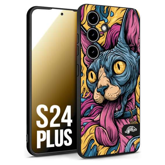 CUSTOMIZZA - Custodia cover nera morbida in tpu compatibile per Samsung S24 PLUS Sphynx Colorato Pop Art Psichedelico Gatto Blu Rosa Giallo Artistica Fantasy