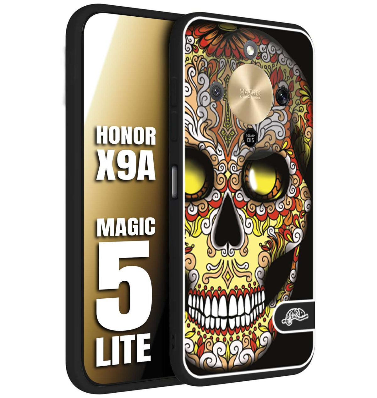 CUSTOMIZZA - Custodia cover nera morbida in tpu compatibile per Honor X9A - Honor Magic 5 Lite teschio messicano Mexican skull giallo rosso arancio