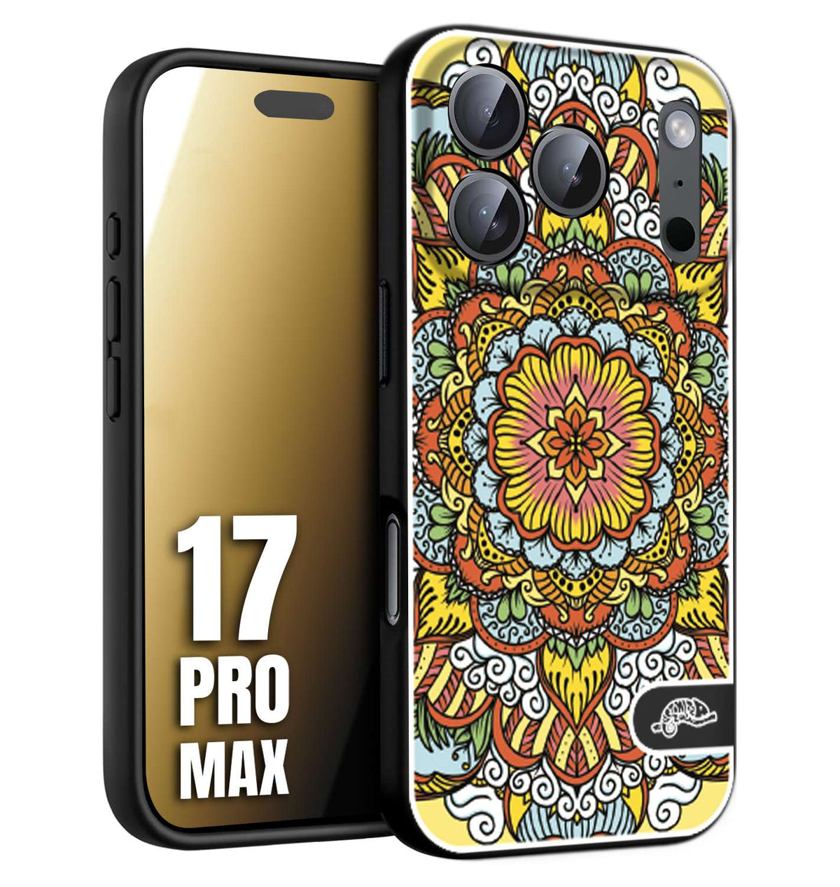 CUSTOMIZZA - Custodia cover nera morbida in tpu compatibile per iPhone 17 PRO MAX mandala colorato fiore nuvole arancione