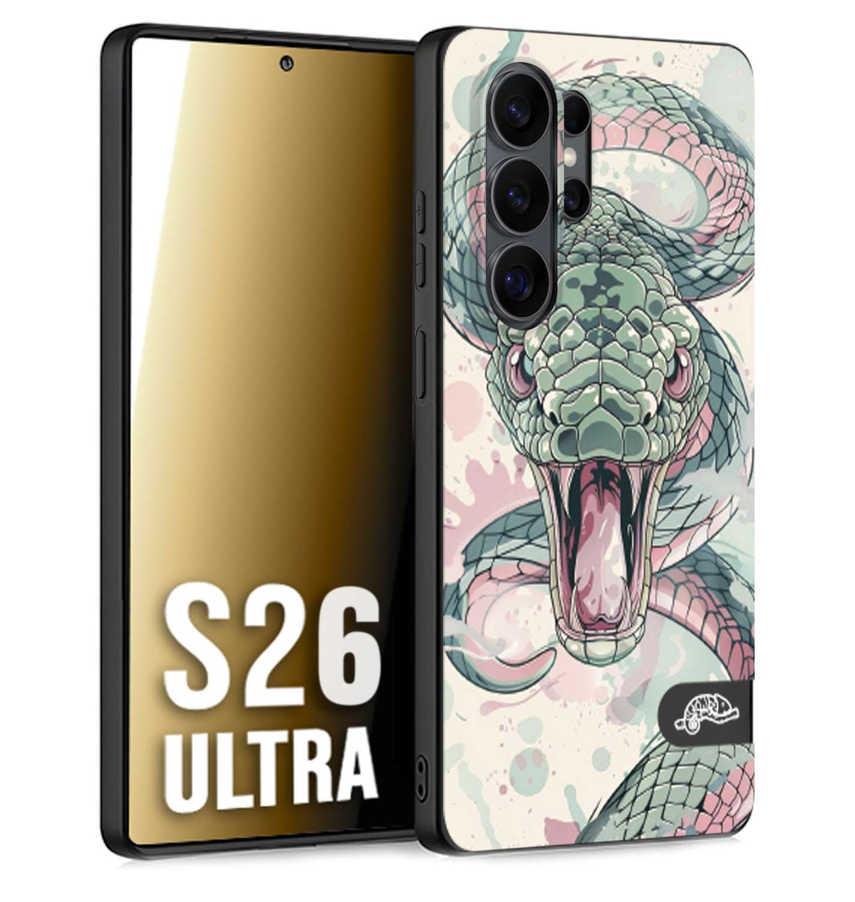 CUSTOMIZZA - Custodia cover nera morbida in tpu compatibile per Samsung S26 ULTRA snake pink green serpente tatuaggio tattoo disegnato a mano