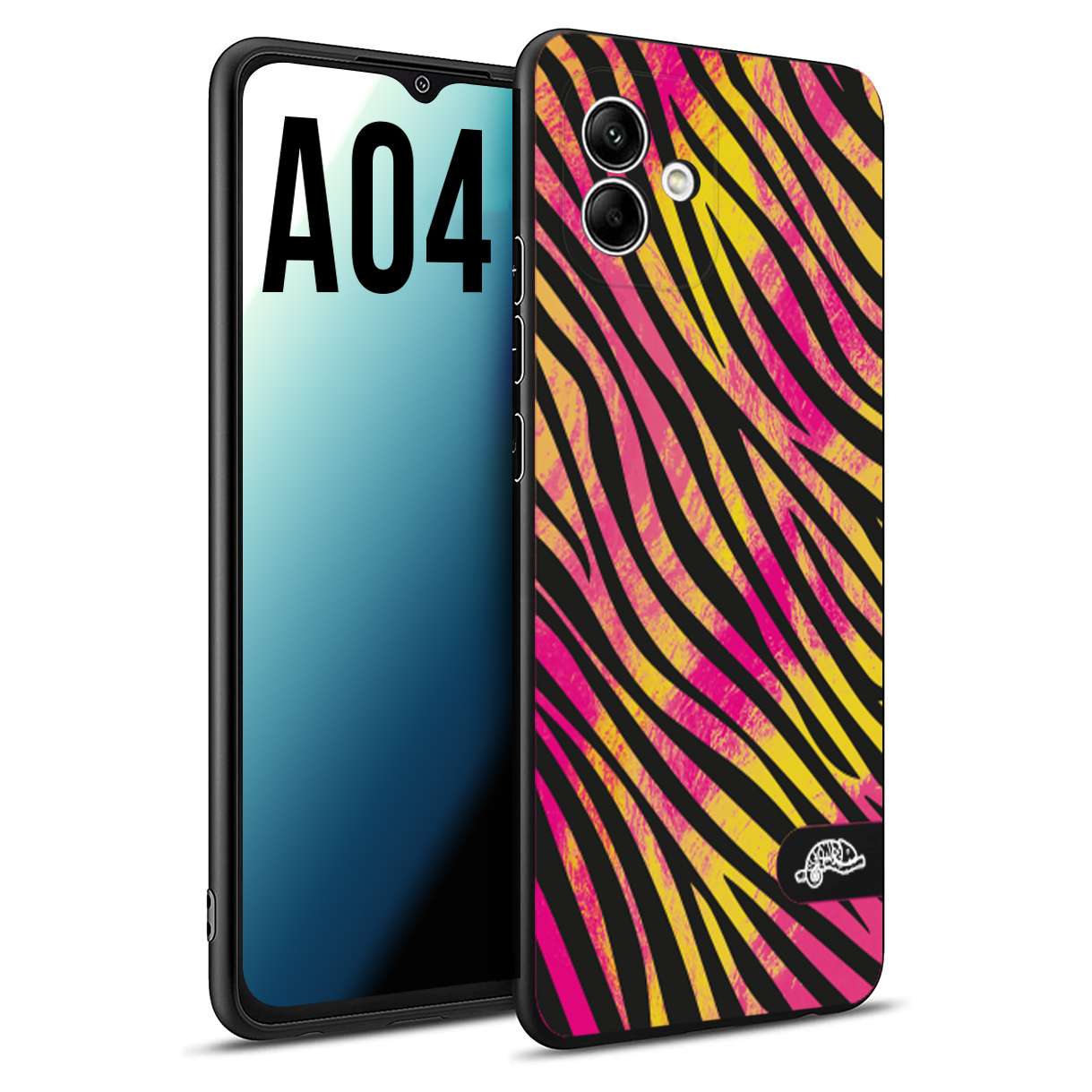 CUSTOMIZZA - Custodia cover nera morbida in tpu compatibile per Samsung A04 zebrata maculata a rilievo soft touch donna fucsia gialla