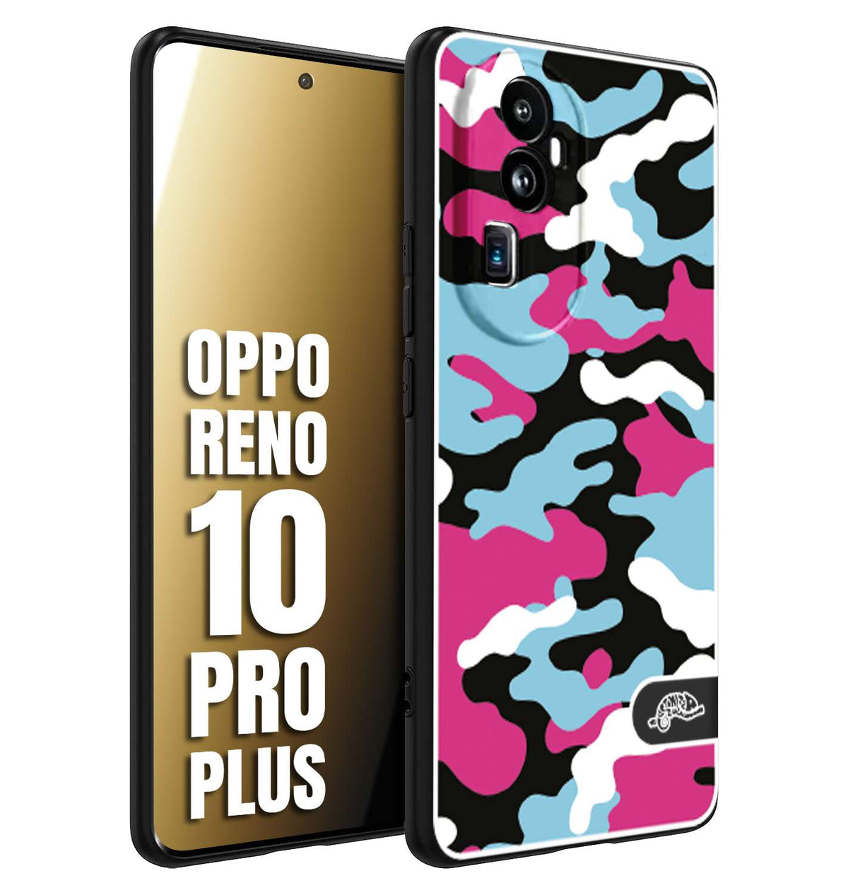 CUSTOMIZZA - Custodia cover nera morbida in tpu compatibile per Oppo Reno 10 PRO PLUS camouflage mimetico militare fucsia celeste