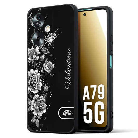 CUSTOMIZZA - Custodia cover nera morbida in tpu compatibile per Oppo A79 5G a rilievo soft touch personalizzata nome rose fiori donna