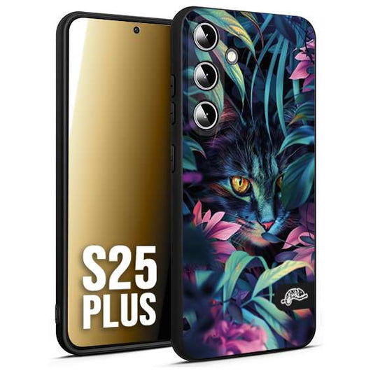 CUSTOMIZZA - Custodia cover nera morbida in tpu compatibile per Samsung S25 PLUS animali color giungla tropicale occhio di gatto colori vibranti disegnato