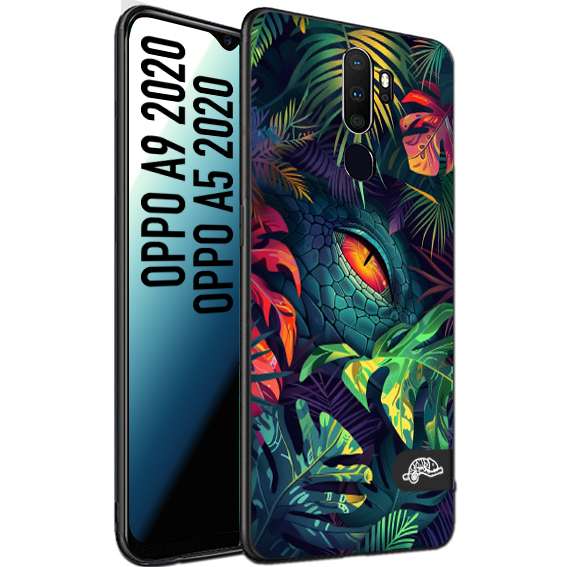 CUSTOMIZZA - Custodia cover nera morbida in tpu compatibile per Oppo A9 2020 - A5 2020 animali color giungla tropicale occhio di coccodrillo alligatore disegnato