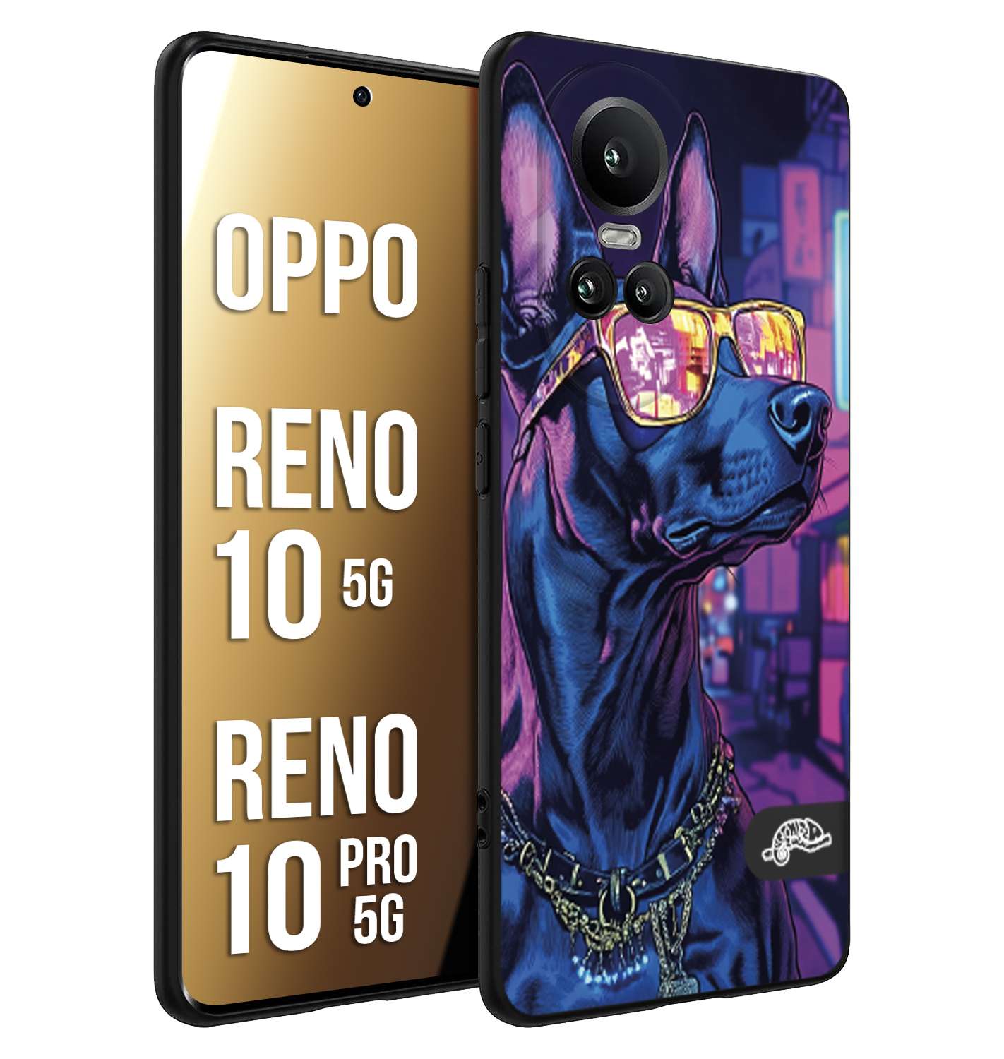 CUSTOMIZZA - Custodia cover nera morbida in tpu compatibile per Oppo Reno 10 5G - 10 PRO 5G animali cyberpunk dobermann cane street dog fucsia blu night