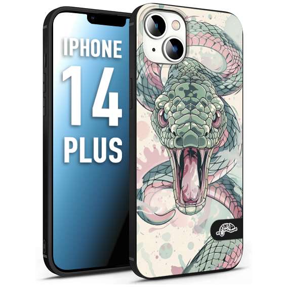 CUSTOMIZZA - Custodia cover nera morbida in tpu compatibile per iPhone 14 PLUS snake pink green serpente tatuaggio tattoo disegnato a mano