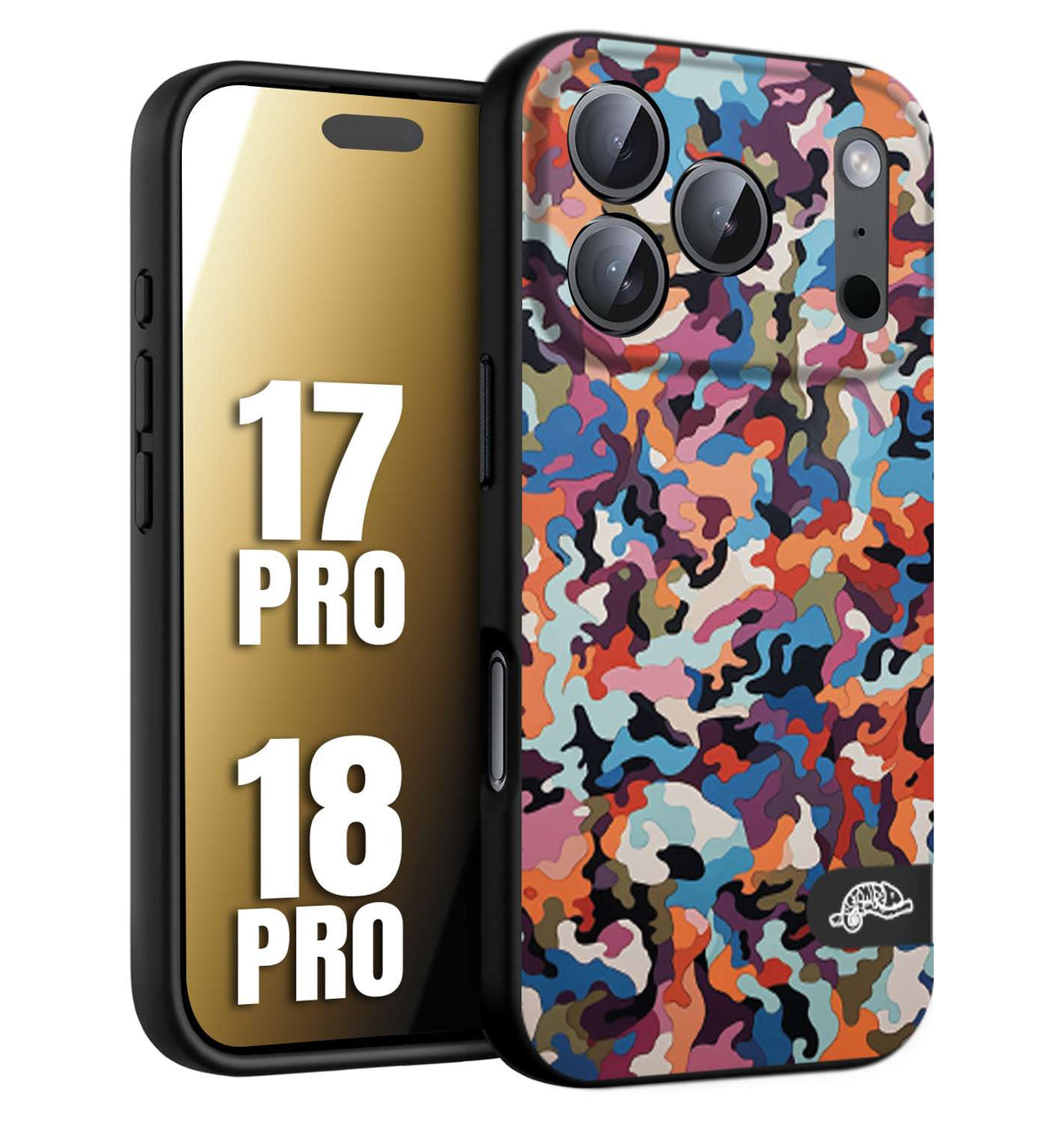 CUSTOMIZZA - Custodia cover nera morbida in tpu compatibile per iPhone 17 PRO - 18 PRO camouflage mimetico militare moderno blu arancio rosa