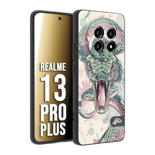 CUSTOMIZZA - Custodia cover nera morbida in tpu compatibile per Realme 13 PRO PLUS snake pink green serpente tatuaggio tattoo disegnato a mano