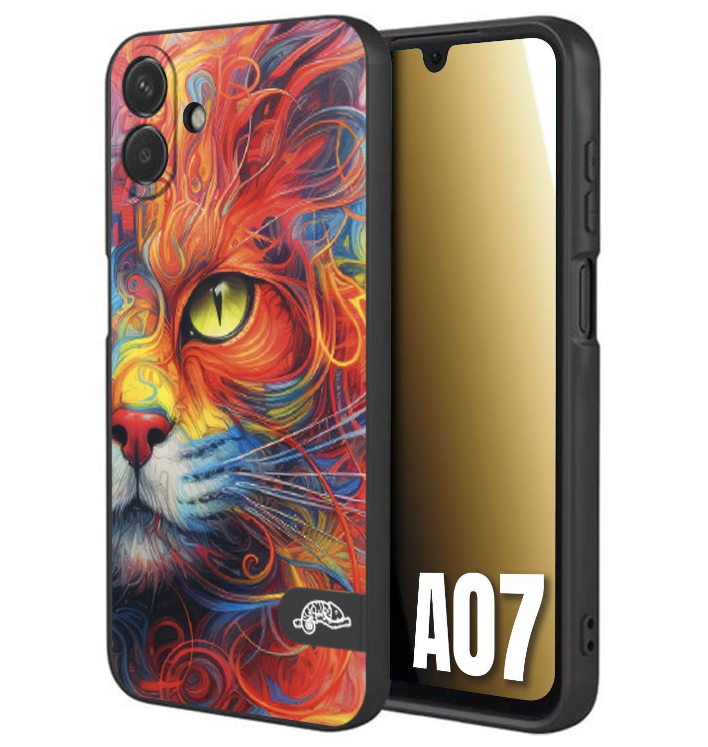 CUSTOMIZZA - Custodia cover nera morbida in tpu compatibile per Samsung A07 animali color cat gatto viso colori vibranti disegnato schizzo