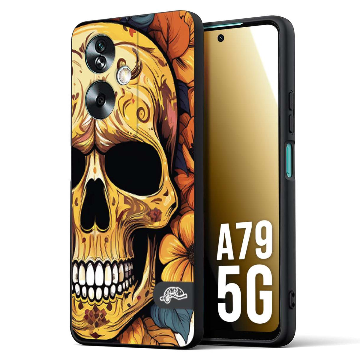 CUSTOMIZZA - Custodia cover nera morbida in tpu compatibile per Oppo A79 5G teschio messicano colorato dorato fiori autunnali disegnato