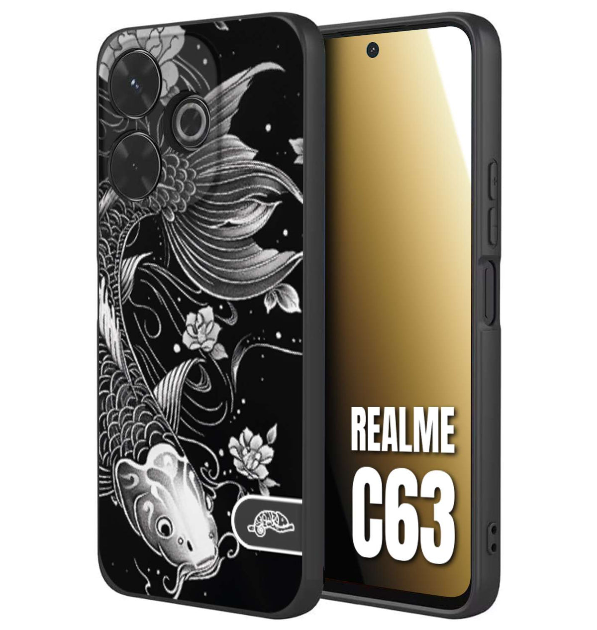CUSTOMIZZA - Custodia cover nera morbida in tpu compatibile per Realme C63 carpa koi black and white bianco a rilievo disegnato tattoo tatuaggio