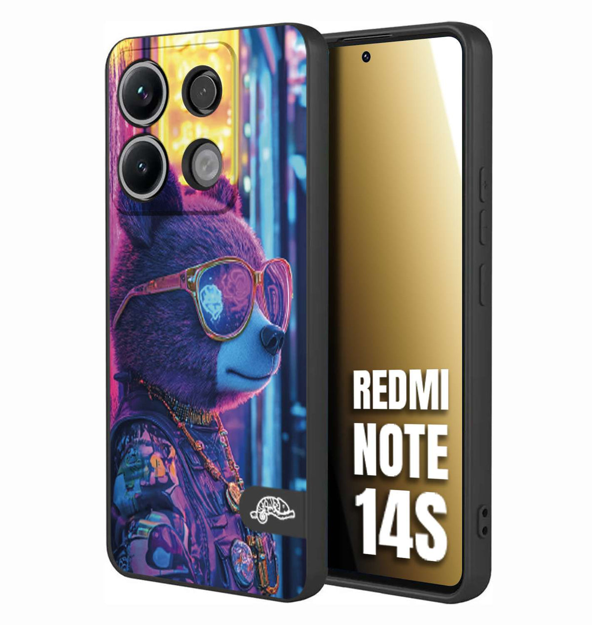 CUSTOMIZZA - Custodia cover nera morbida in tpu compatibile per Xiaomi Redmi Note 14S animali cyberpunk orsetto orso street bear fucsia blu night