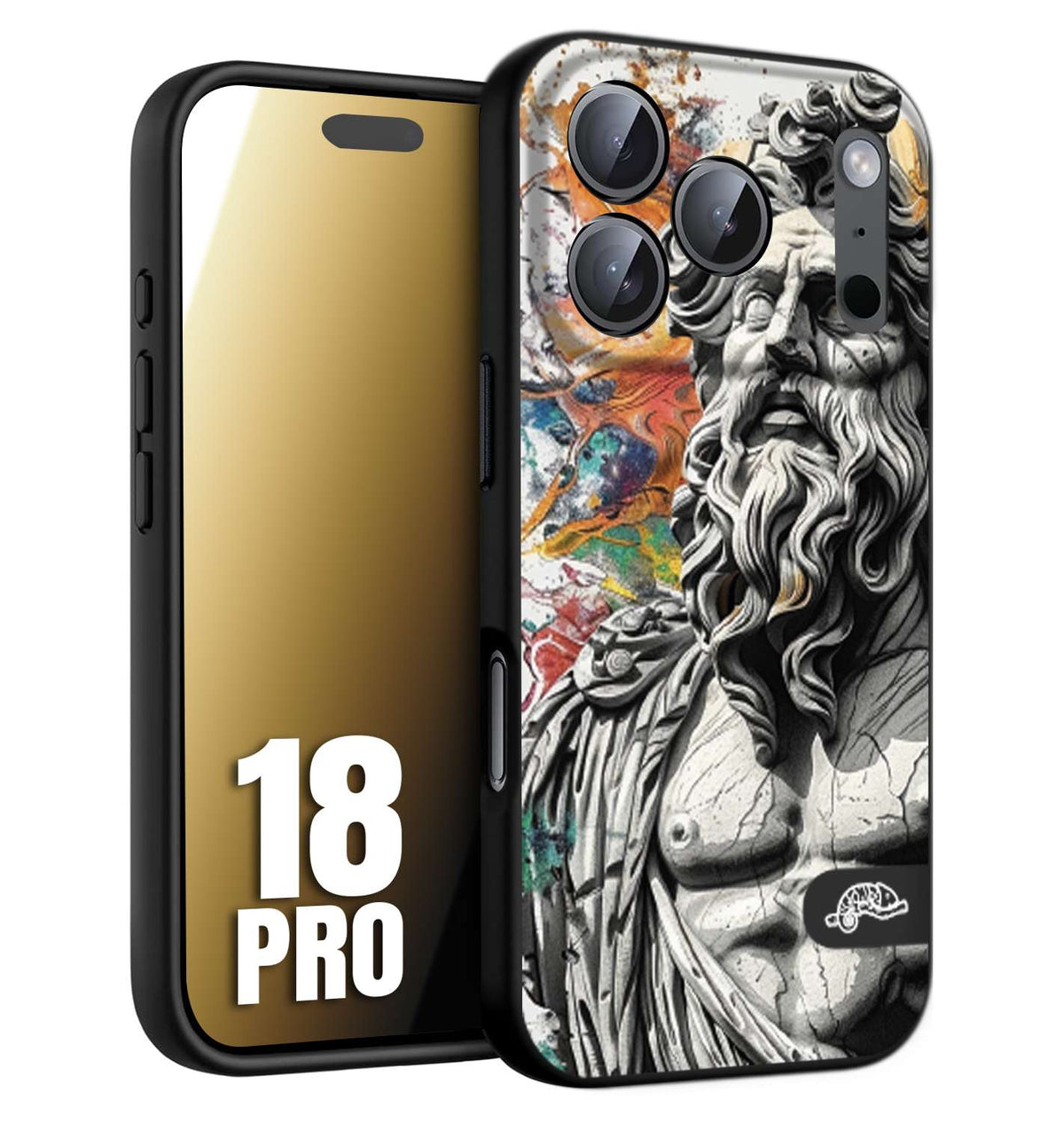 CUSTOMIZZA - Custodia cover nera morbida in tpu compatibile per iPhone 18 PRO statua colorata moderna antico tattoo splash color