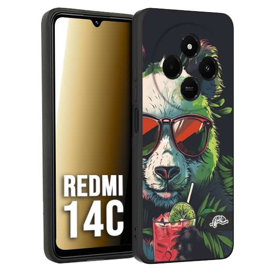 CUSTOMIZZA - Custodia cover nera morbida in tpu compatibile per Xiaomi Redmi 14C estate disegnata cocktails animali simpatici panda mojito