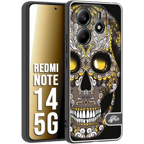 CUSTOMIZZA - Custodia cover nera morbida in tpu compatibile per Xiaomi Redmi Note 14 5G teschio messicano Mexican skull nero giallo