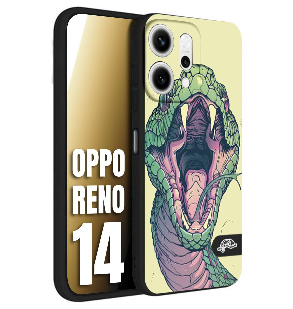 CUSTOMIZZA - Custodia cover nera morbida in tpu compatibile per Oppo Reno 14 snake yellow green serpente tatuaggio tattoo disegnato a mano