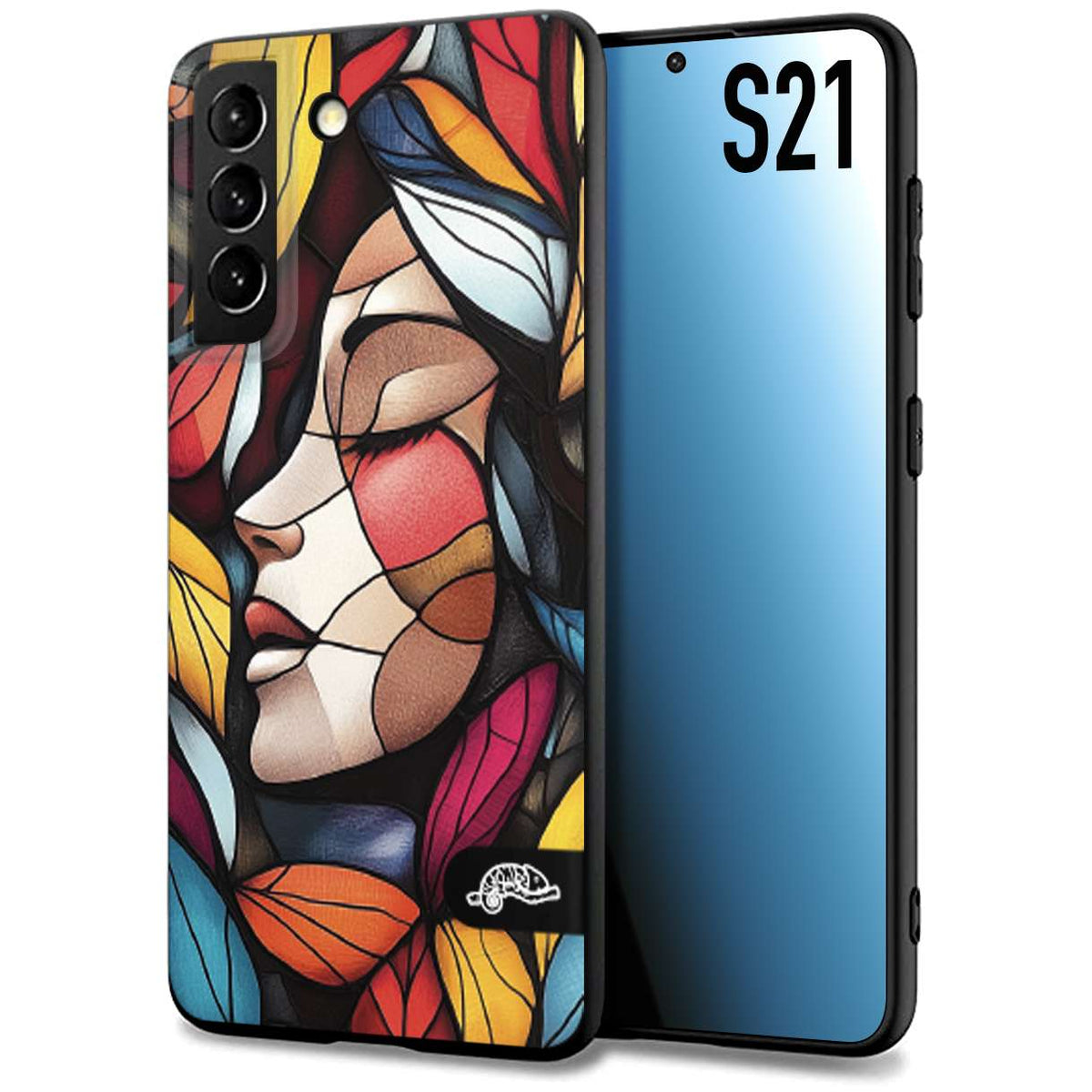 CUSTOMIZZA - Custodia cover nera morbida in tpu compatibile per Samsung S21 Vetrata artistica volto di donna profilo fogliare mosaico di vetro colorato