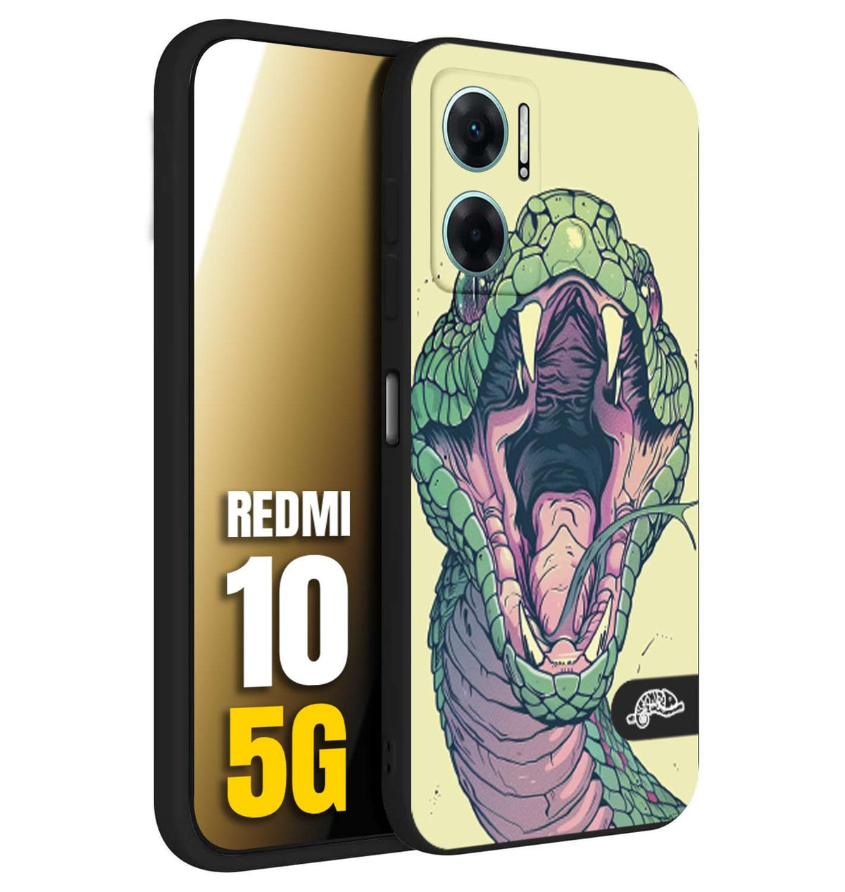 CUSTOMIZZA - Custodia cover nera morbida in tpu compatibile per Xiaomi Redmi 10 5G snake yellow green serpente tatuaggio tattoo disegnato a mano