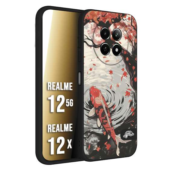 CUSTOMIZZA - Custodia cover nera morbida in tpu compatibile per Realme 12 5G - 12X giapponese lago carpa koi rossa con foglie d'acero rosso disegnata tattoo