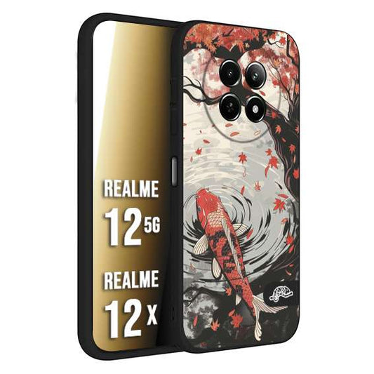 CUSTOMIZZA - Custodia cover nera morbida in tpu compatibile per Realme 12 5G - 12X giapponese lago carpa koi rossa con foglie d'acero rosso disegnata tattoo