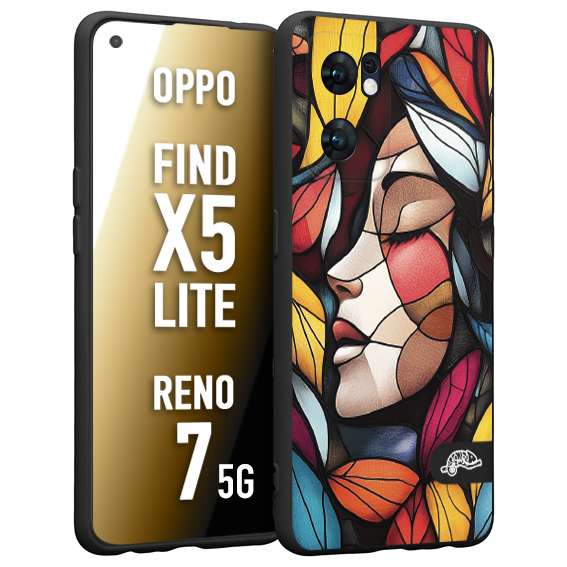 CUSTOMIZZA - Custodia cover nera morbida in tpu compatibile per Oppo Reno 7 - Find X5 LITE Vetrata artistica volto di donna profilo fogliare mosaico di vetro colorato