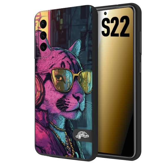 CUSTOMIZZA - Custodia cover nera morbida in tpu compatibile per Samsung S22 animali cyberpunk pantera street cat fucsia blu giallo